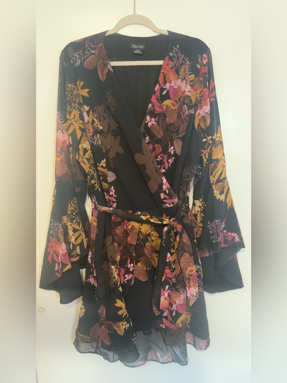 City Chic Black Floral Wrap Dress with Pink & Mustard Blooms